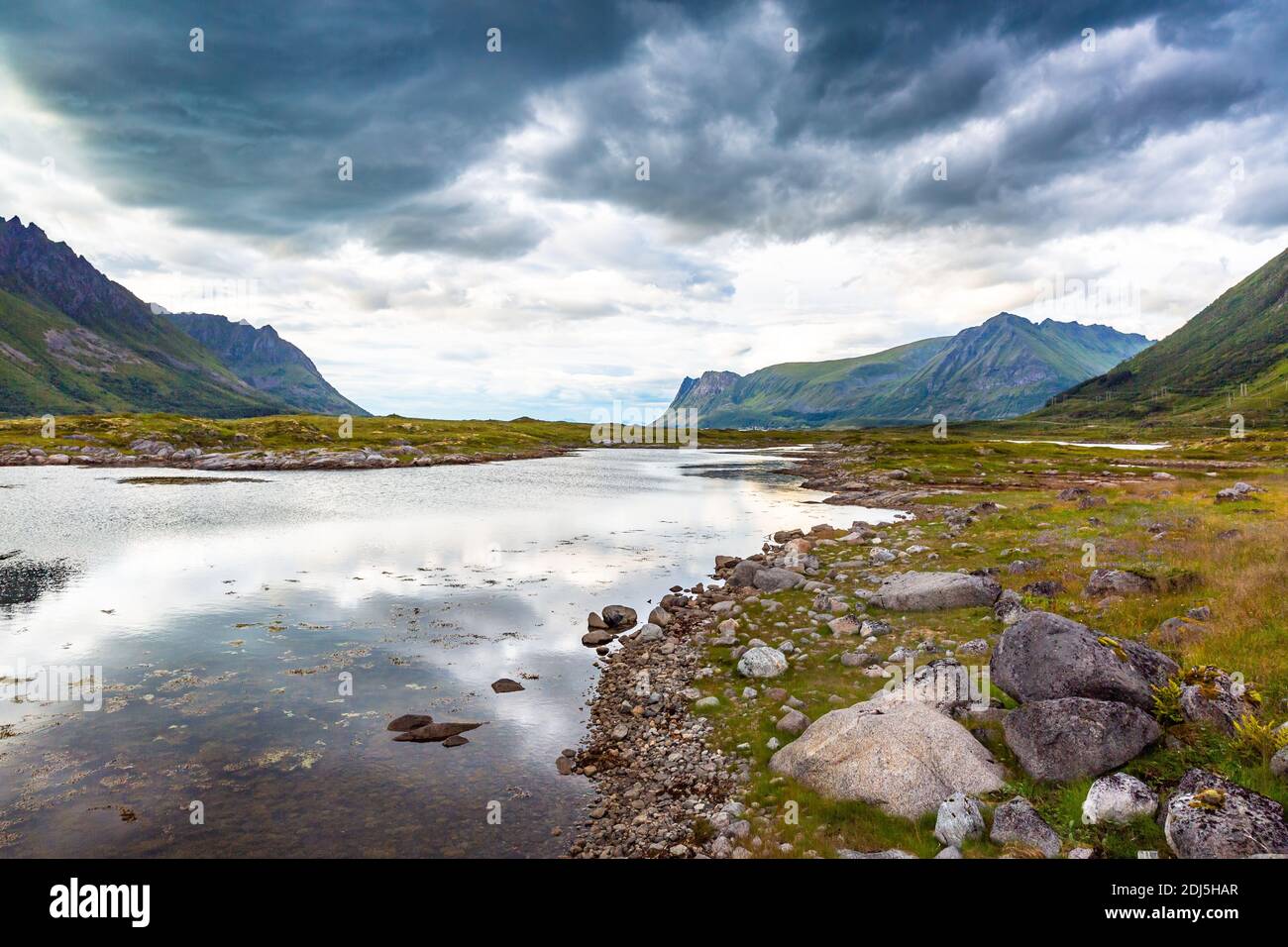 Noruega paisaje con fiordos, montañas, bosque en Lofoten , Noruega Foto de stock