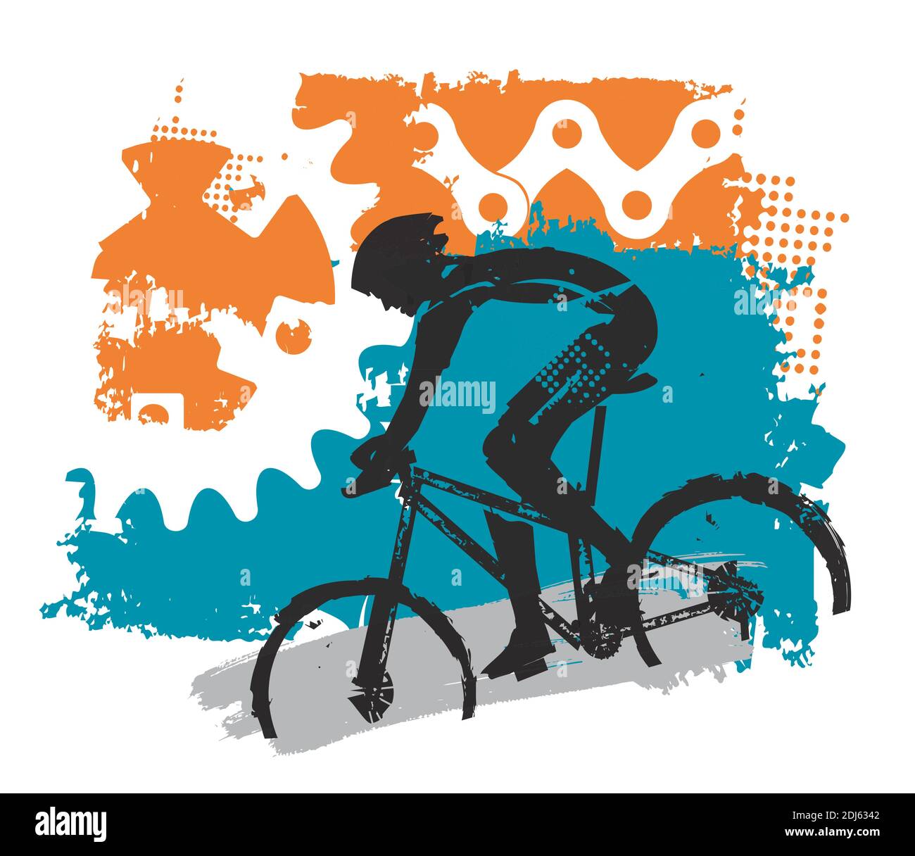 Bicicletas de montaña, ciclistas y partes de bicicletas bacground. Colorido grunge ilustración estilizada con ciclista y partes de bicicleta. Vector disponible. Ilustración del Vector