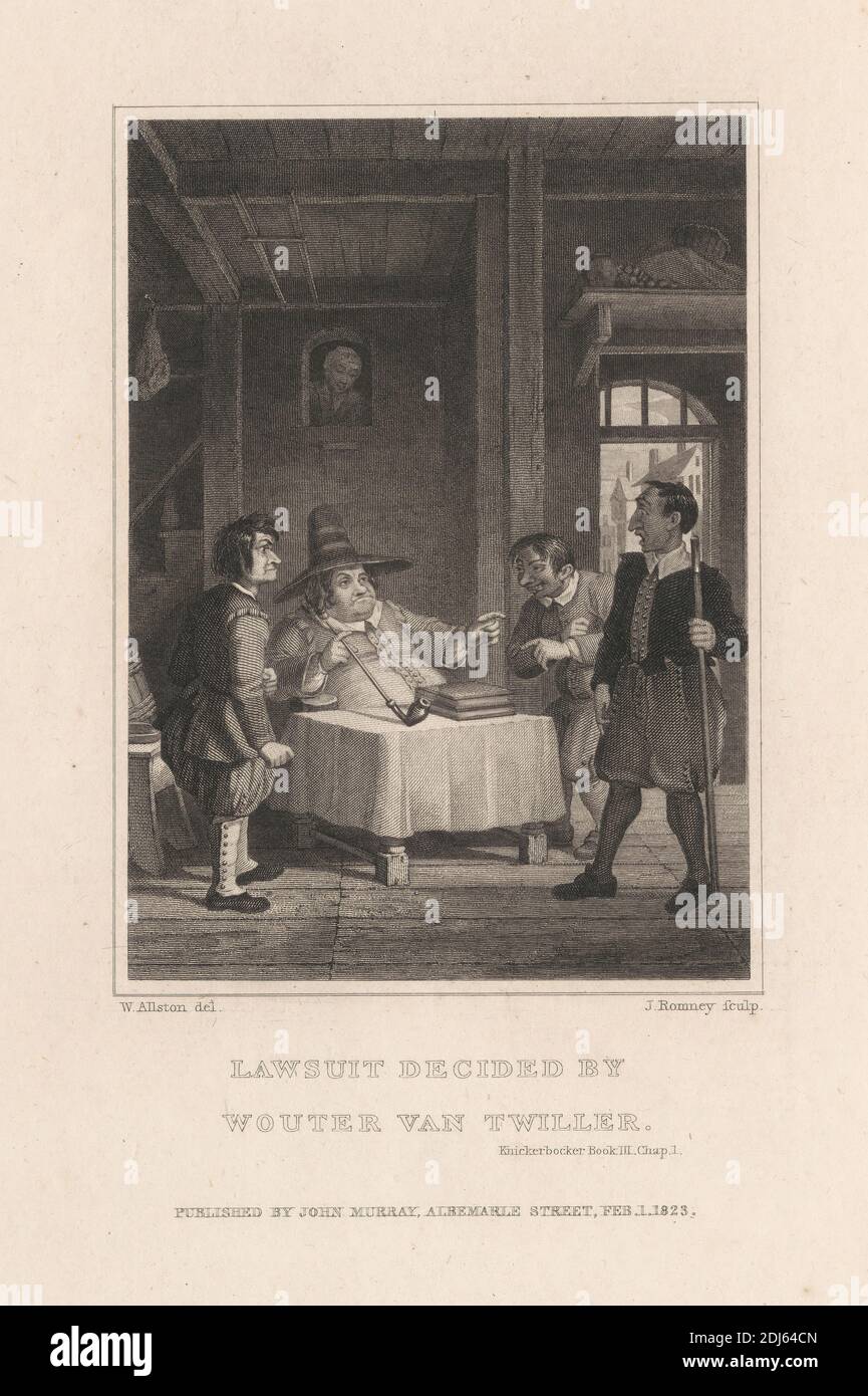 Pleito decidido por Wouter Van Twiller, impresión hecha por John Romney, 1786–1863, británico, después de Washington Allston, 1779–1843, americano, 1823, línea de grabado en medio, ligeramente texturado, color crema de papel Foto de stock