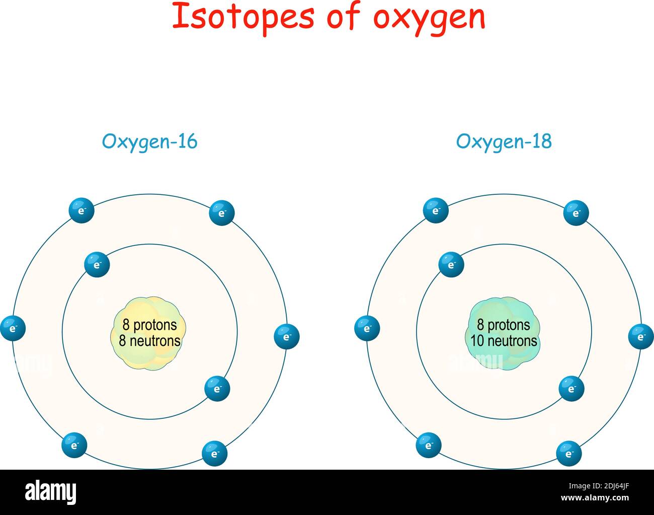 Isótopos de oxígeno. Estructura del átomo. Esquema etiquetado con partículas (protones, neutrones y electrones) Ilustración del Vector