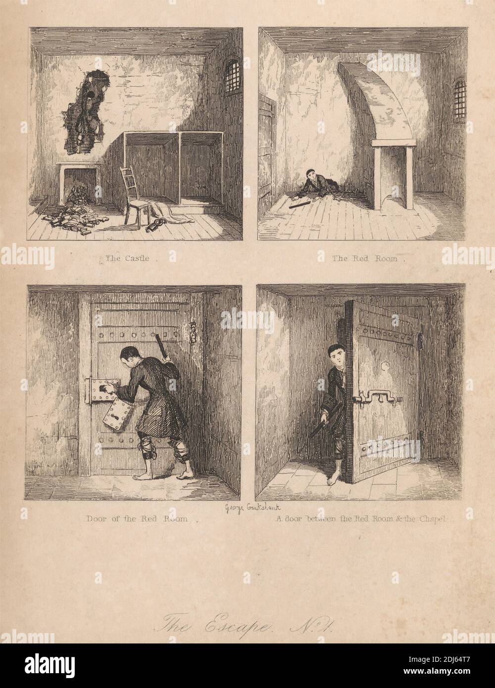 The Escape, Nº 1, impresión hecha por George Cruikshank, 1792–1878, británico, sin fecha, grabado en papel de move de color crema, de textura media y ligeramente texturizada Foto de stock