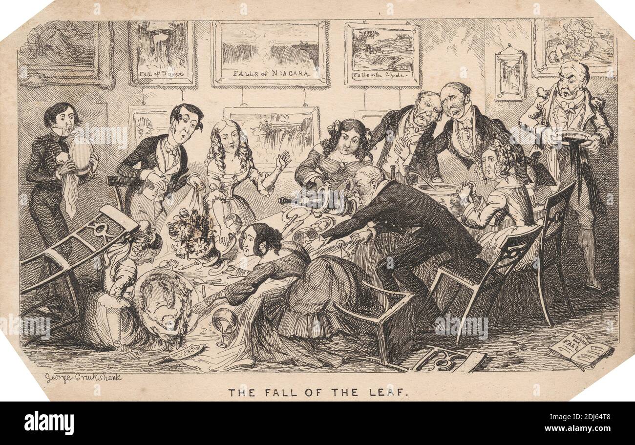 La caída de la hoja, impresión hecha por George Cruikshank, 1792–1878, británico, sin fecha, grabado en papel de move de color crema, de textura media y ligeramente texturizada Foto de stock