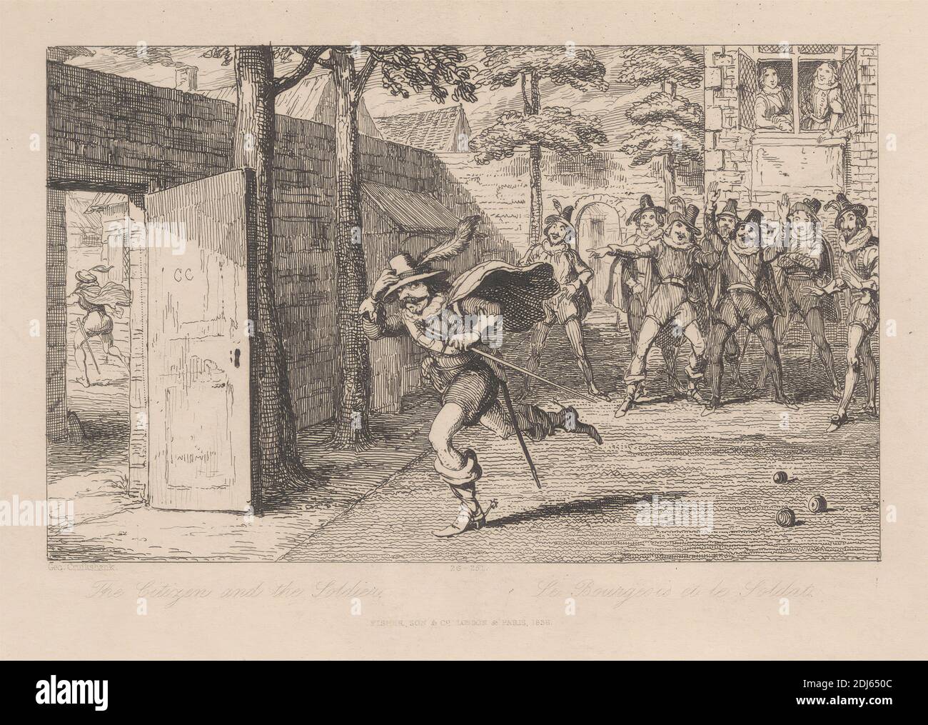 The Citizen and the Soldier, impresión hecha por George Cruikshank, 1792–1878, británico, 1838, grabado en papel de move de color crema, de textura media Foto de stock