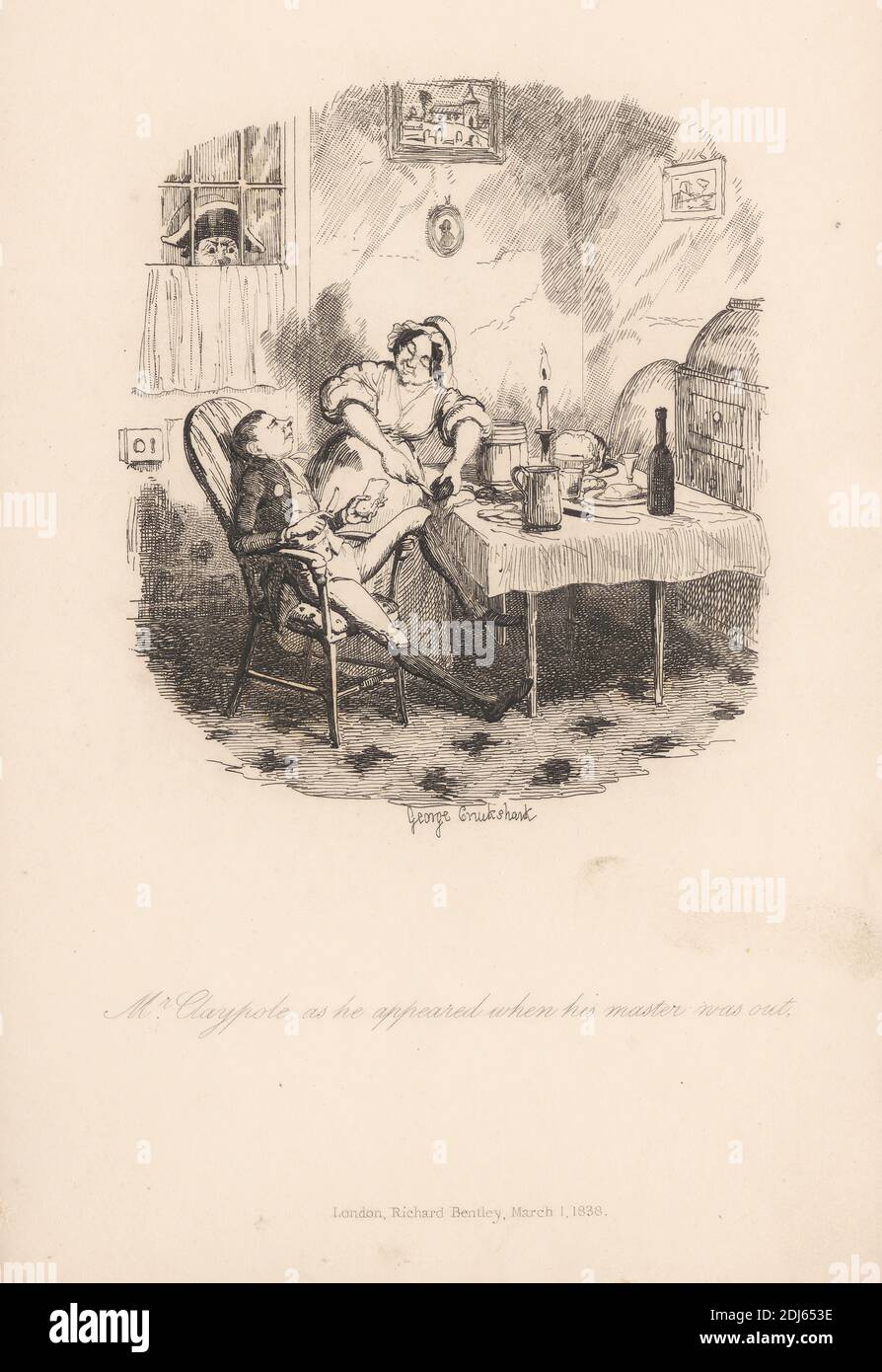 El Sr. Claypole apareció cuando su Maestro estaba fuera., impresión hecha por George Cruikshank, 1792–1878, británico, 1838, Etching en papel mediano, ligeramente texturizado, crema de move Foto de stock
