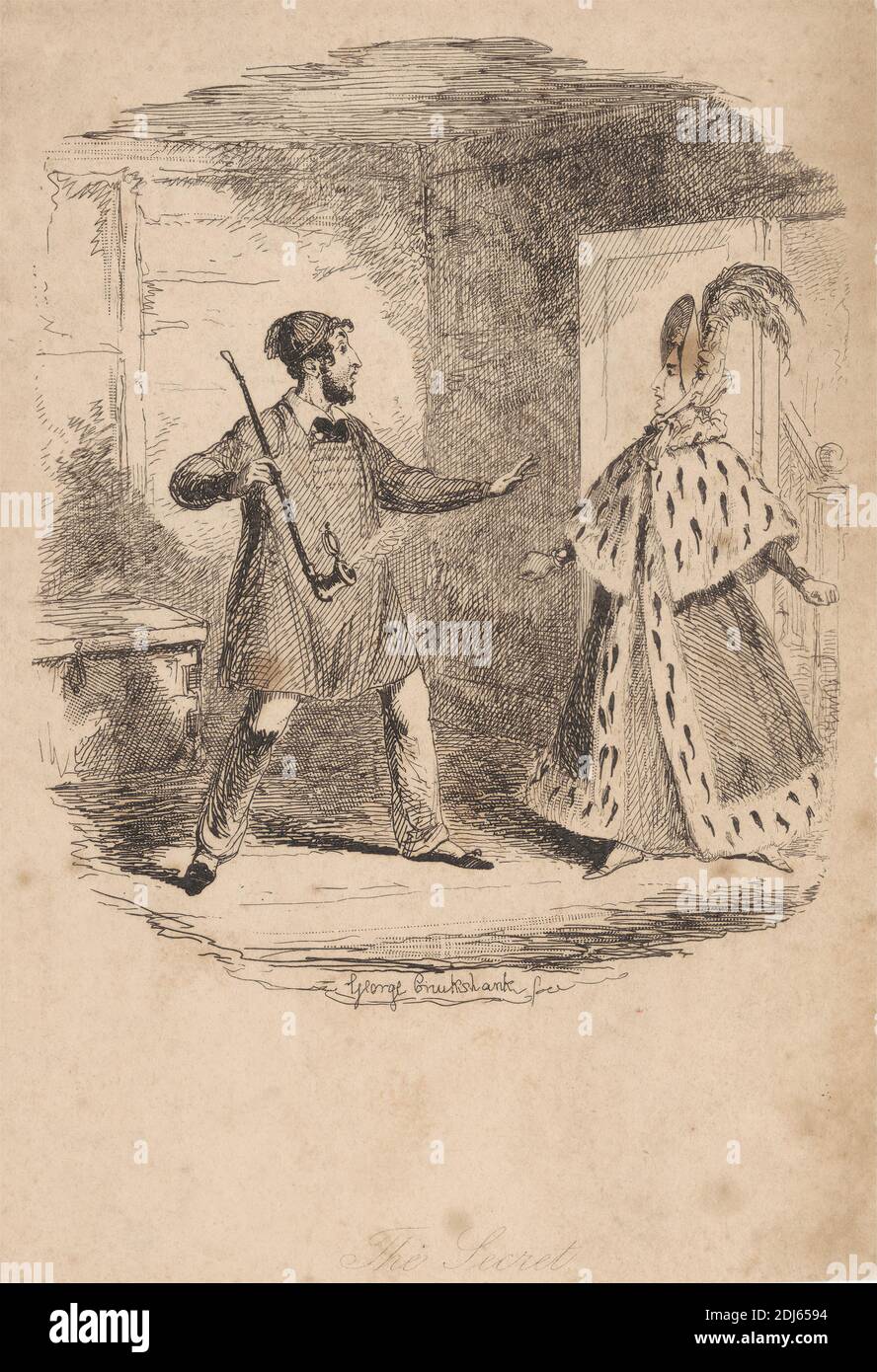 The Secret, impresión hecha por George Cruikshank, 1792–1878, británico, sin fecha, grabado en papel de move de color crema, de textura media y ligeramente texturizada Foto de stock