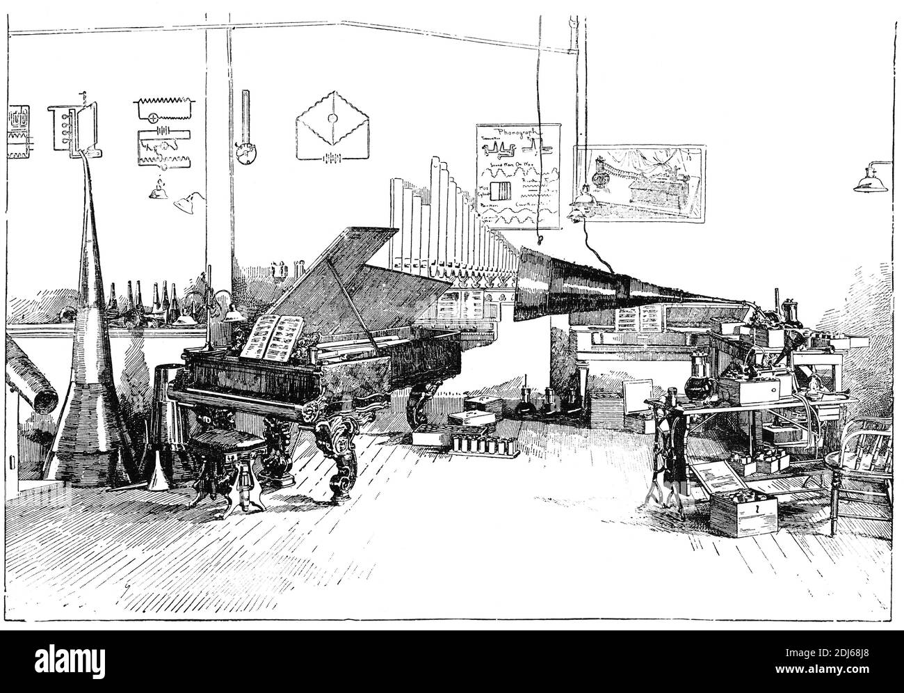 Interior del laboratorio de Thomas Edison. Ilustración del siglo 19. Alemania. Fondo blanco. Foto de stock