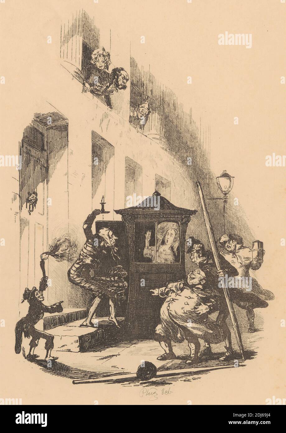 La situación del Sr. Winkle cuando la puerta sonó a, impresión hecha por Hablot Knight Browne, 1815–1882, británico, 1837, grabado en papel de move crema de grosor moderado, ligeramente texturizado Foto de stock
