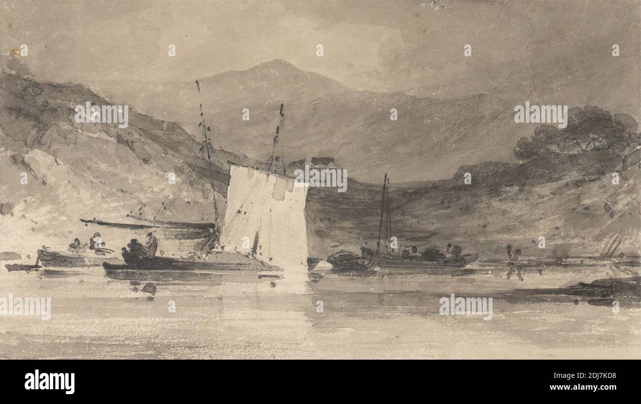 CADER Idris del estuario de Mawddach sobre Barmouth, John Sell Cotman, 1782–1842, British, CA. 1802, tinta negra y lavado gris sobre grafito en papel de move de color crema suave medio, Hoja: 4 3/4 x 8 3/8 pulgadas (12.1 x 21.3 cm) y borde dibujado contemporáneo: 5 1/4 x 8 7/8 pulgadas (13.3 x 22.5 cm), barcos, estuario, paisaje, arte marino, hombres, montañas, Barmouth, Cader Idris, Reino Unido Foto de stock