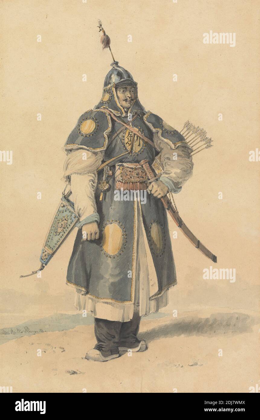 Retrato de un soldado chino, William Alexander, 1767–1816, británico, sin fecha, acuarela y grafito sobre papel mediano, ligeramente texturizado, beige montado en la tarjeta, montaje: 11 3/4 x 8 1/16 pulgadas (29.9 x 20.4 cm) y hoja: 9 7/8 x 6 9/16 pulgadas (25.1 x 16.6 cm), fuerzas armadas, armadura, flechas, chino, traje, estudio de la figura, casco, hila, hombre, uniforme militar, quiter, soldado, espada, China Foto de stock