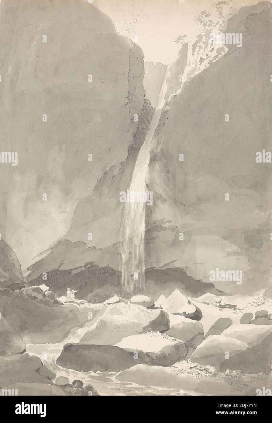 A Waterfall, Samuel Davis, 1757–1819, británico, sin fecha, lavado gris y grafito en moderadamente grueso, moderadamente texturizado, crema, papel laico, Hoja: 21 1/4 × 14 15/16 pulgadas (54 × 37.9 cm Foto de stock