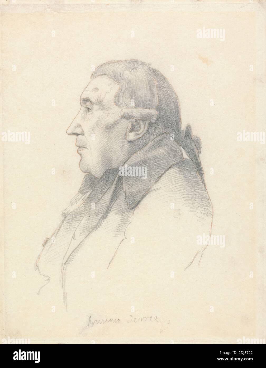 Retrato de Dominic Serres, William Daniell, 1769–1837, británico, después de George Dance RA, 1741–1825, británico, entre 1808 y 1814, grafito con lápiz rojo sobre fino, ligeramente texturizado, papel de paloma crema, Hoja: 9 5/8 x 7 1/2 pulgadas (24.4 x 19.1 cm), artista, abrigo, cuello, hombre, retrato, perfil (figura), peluca Foto de stock