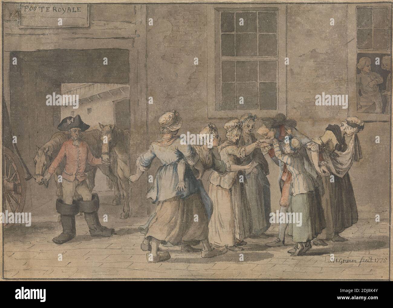 Salida de una posada francesa: Una ilustración para el viaje sentimental de Sterne, Samuel Hieronymus Grimm, 1733–1794, Suiza, 1775, acuarela con tinta negra sobre grafito en medio, ligeramente texturizada, papel de color crema, Hoja: 5 5/16 × 7 3/8 pulgadas (13.5 × 18.7 cm), género tema, signos, Francia Foto de stock