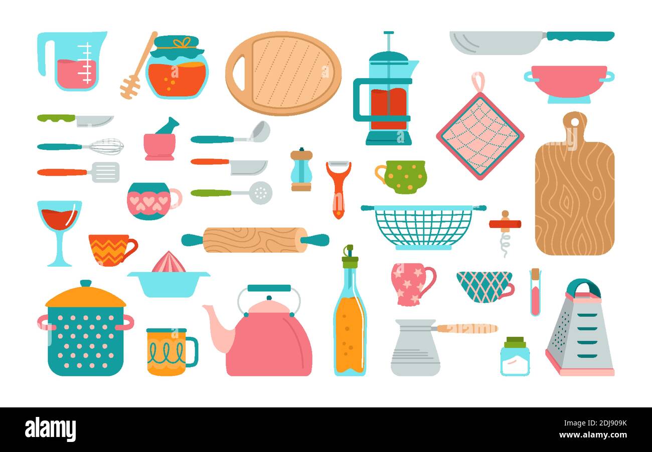 Utensilios de cocina y utensilios juego de dibujos animados. Cocina moderna  herramienta cocina plana platos, equipos. Platos taza, lechada ralladora de  teapot. Objetos de colección de utensilios dibujados a mano. Preparación de