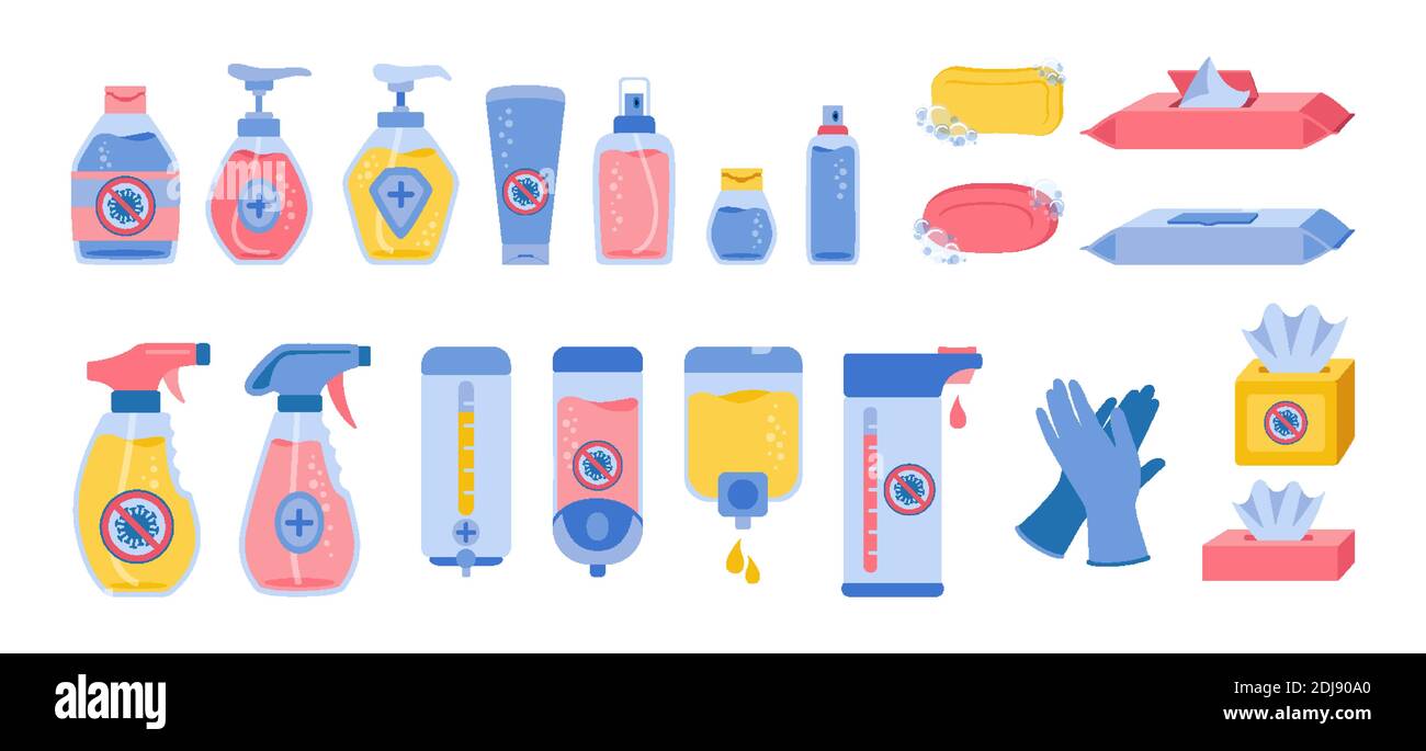 Desinfección de botellas desinfectantes, juego de dibujos animados.  Colección de planos infográficos de coronavirus. Higiene gel de lavado  médico, aerosol, paño húmedo, jabón líquido, y servilleta, guante de goma.  Ilustración vectorial aislada