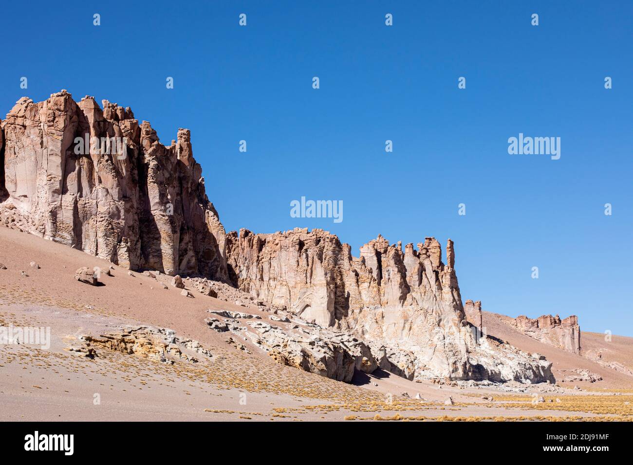 Formaciones de piedra en Salar de Tara y Aguas calientes I, Reserva Nacional los Flamencos, Región Antofagasta, Chile. Foto de stock
