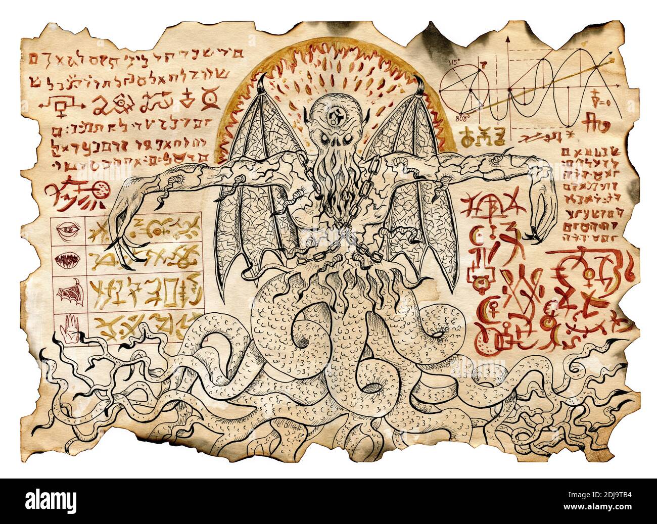 Ilustración mística con demonios malvados y símbolos de magia negra en el antiguo manuscrito Ilustración mística con demonios malvados y símbolos de magia negra en el antiguo manuscrito