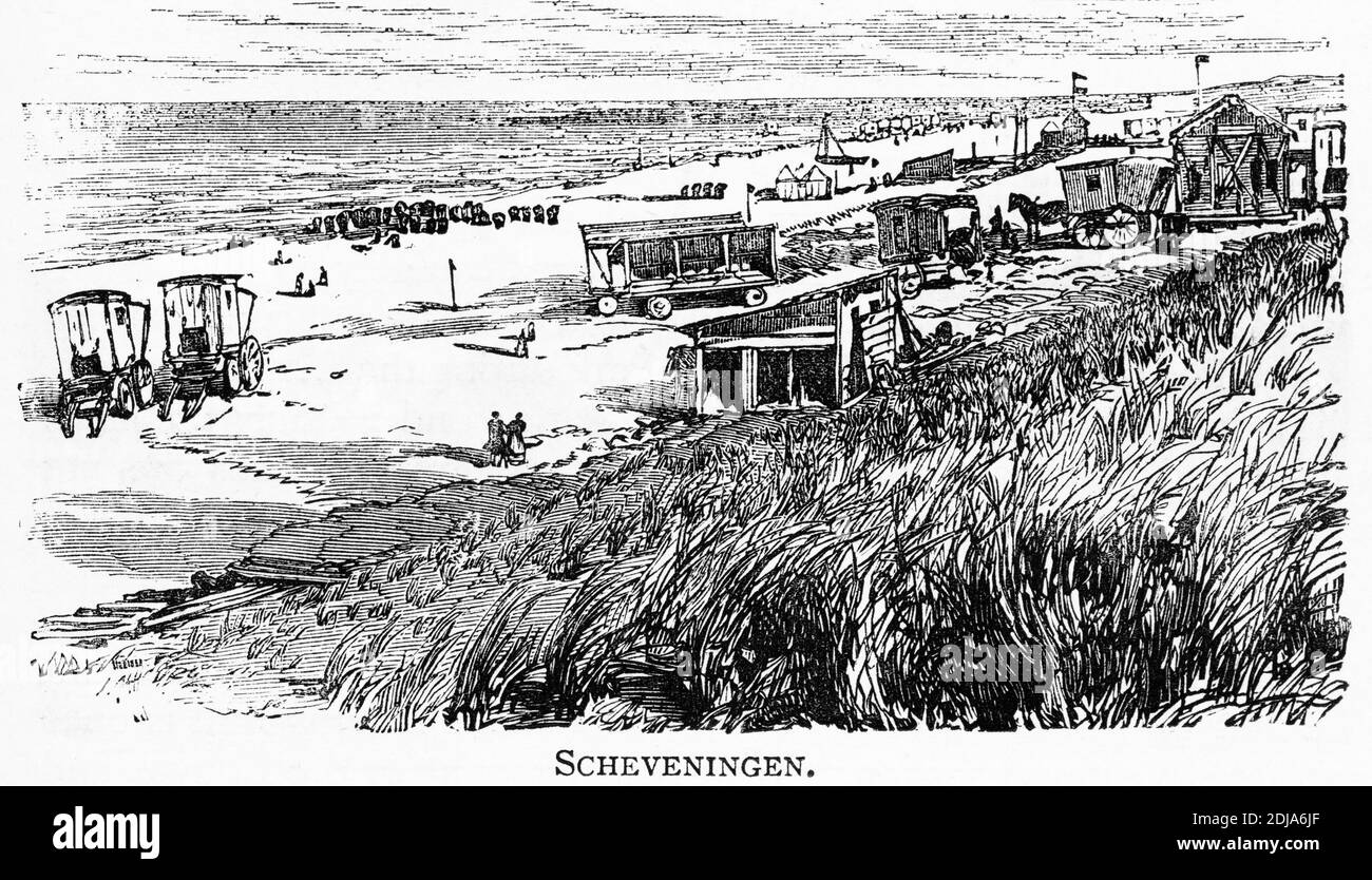 Grabado de personas que disfrutan del día en la playa de Scheveningen, la haya, en los países Bajos, alrededor de 1880 Foto de stock