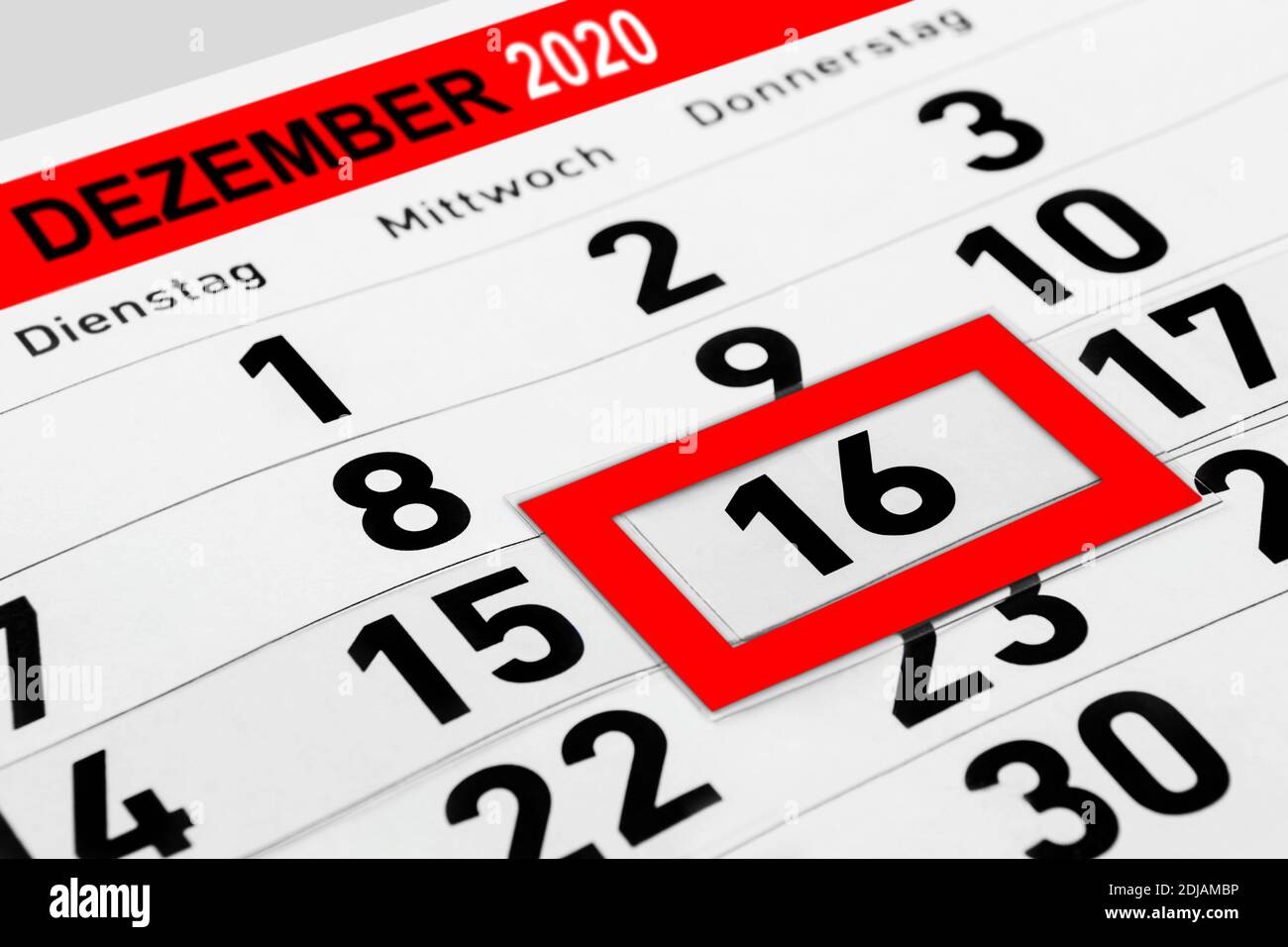 Kalender 16 de diciembre de 2020 de cerca Foto de stock