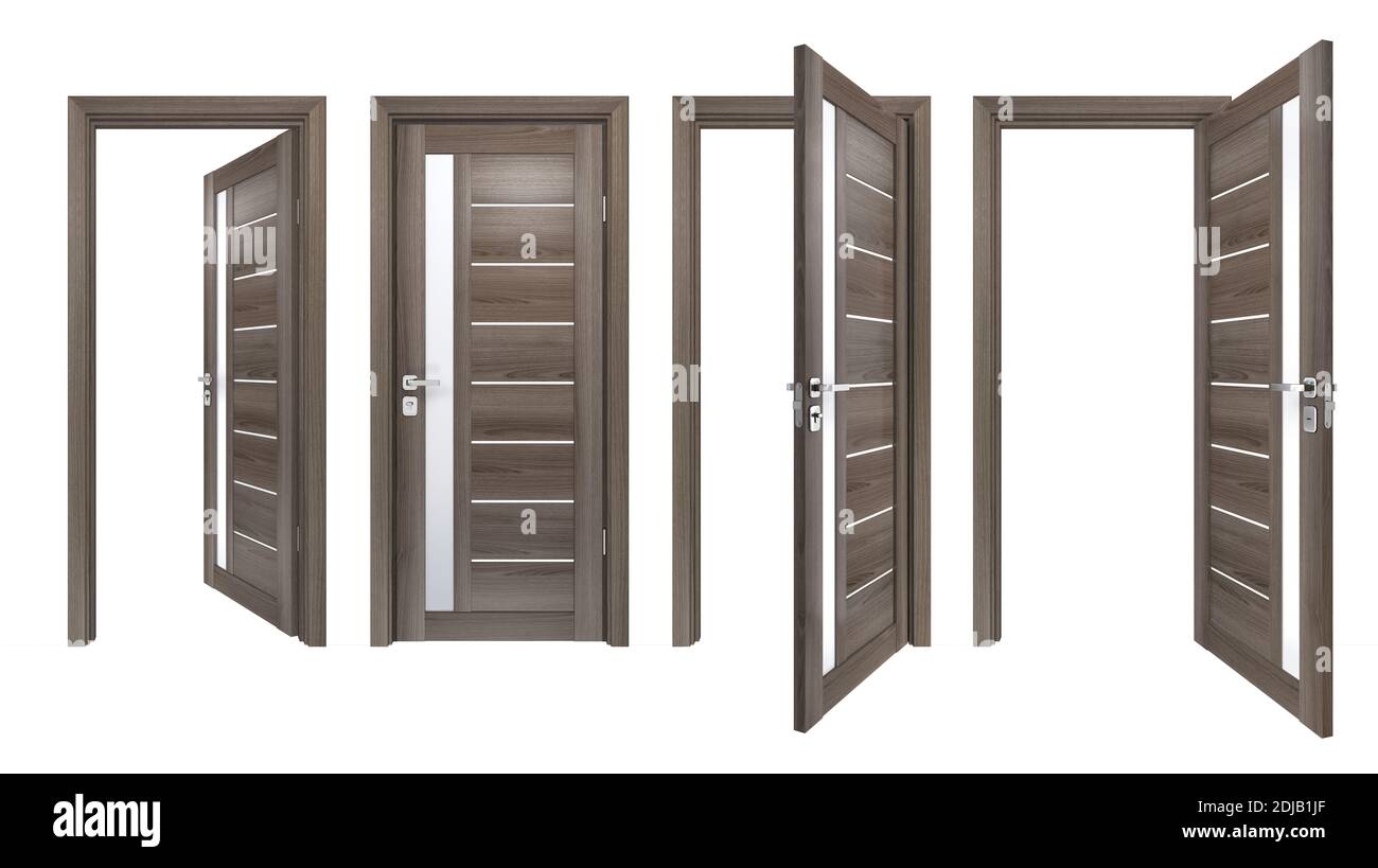 Conjunto contemporáneo de puertas realistas en 3D con rayas de vidrio verticales y tablones de madera horizontales. Textura de alta resolución de entradas de madera de roble gris iso Foto de stock