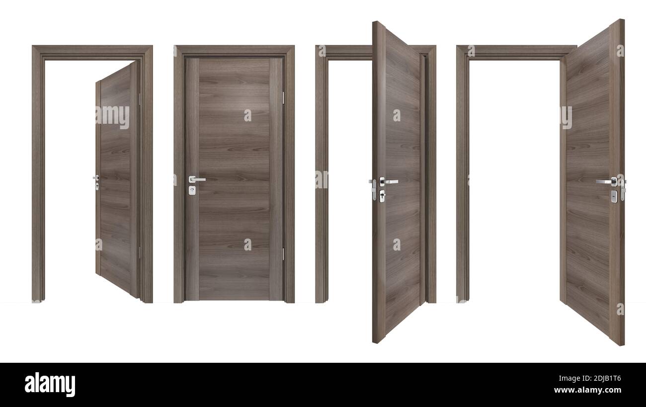 Moderno conjunto de puertas de madera maciza con textura de roble gris de  alta resolución. Presentación en 3D de estilo minimalista madera marrón  cerrada, abierta en el interior, puerta exterior Fotografía de