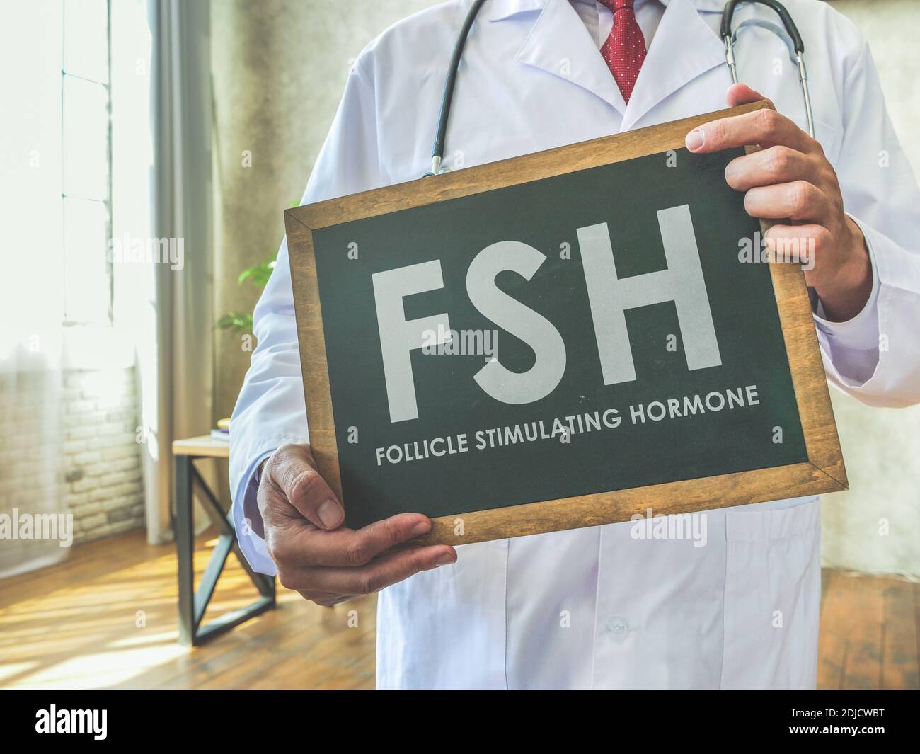 El médico sostiene la hormona estimulante del folículo FSH. Foto de stock