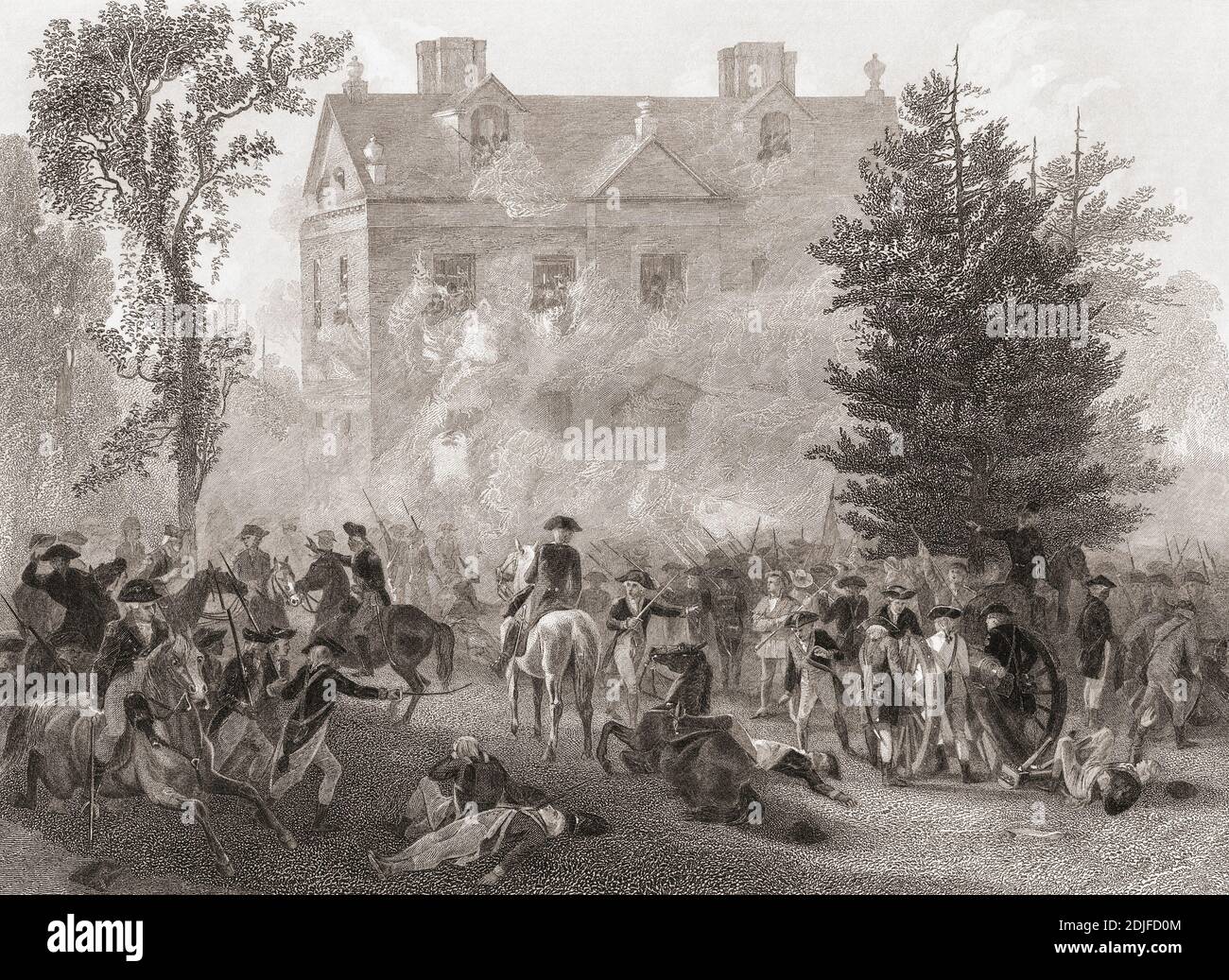 La batalla de Germantown que tuvo lugar el 4 de octubre de 1777 entre las fuerzas británicas y americanas durante la Guerra Revolucionaria Americana. En el cuadro, la acción en torno a la casa del Presidente del Tribunal Supremo Chew. De un grabado de Hinshelwood después de una obra de Alonzo Chappel. Foto de stock