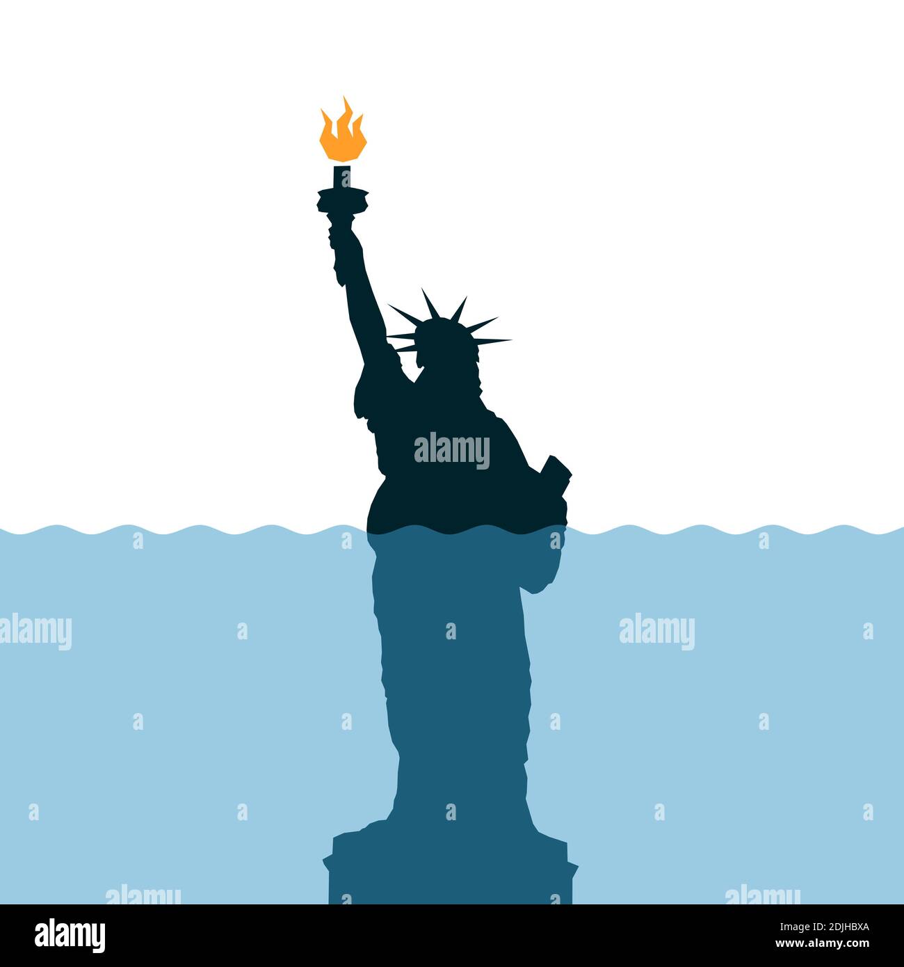 El nivel del mar se está levantando alrededor de la Estatua de la Libertad - calentamiento global y la matanza climática / metáfora del deterioro, la decadencia y el fracaso de los Estados Unidos de am Foto de stock