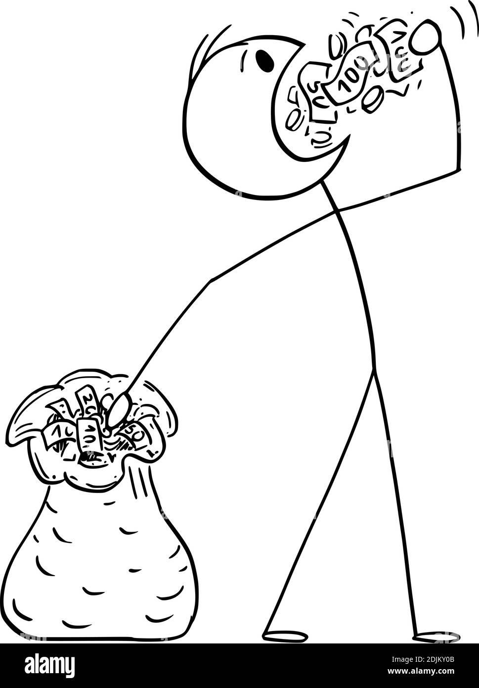 Dibujo de la figura del palo de la caricatura del vector de scrooge egoísta rico hombre o hombre de negocios comer dinero o dinero en efectivo de la bolsa. Ilustración del Vector