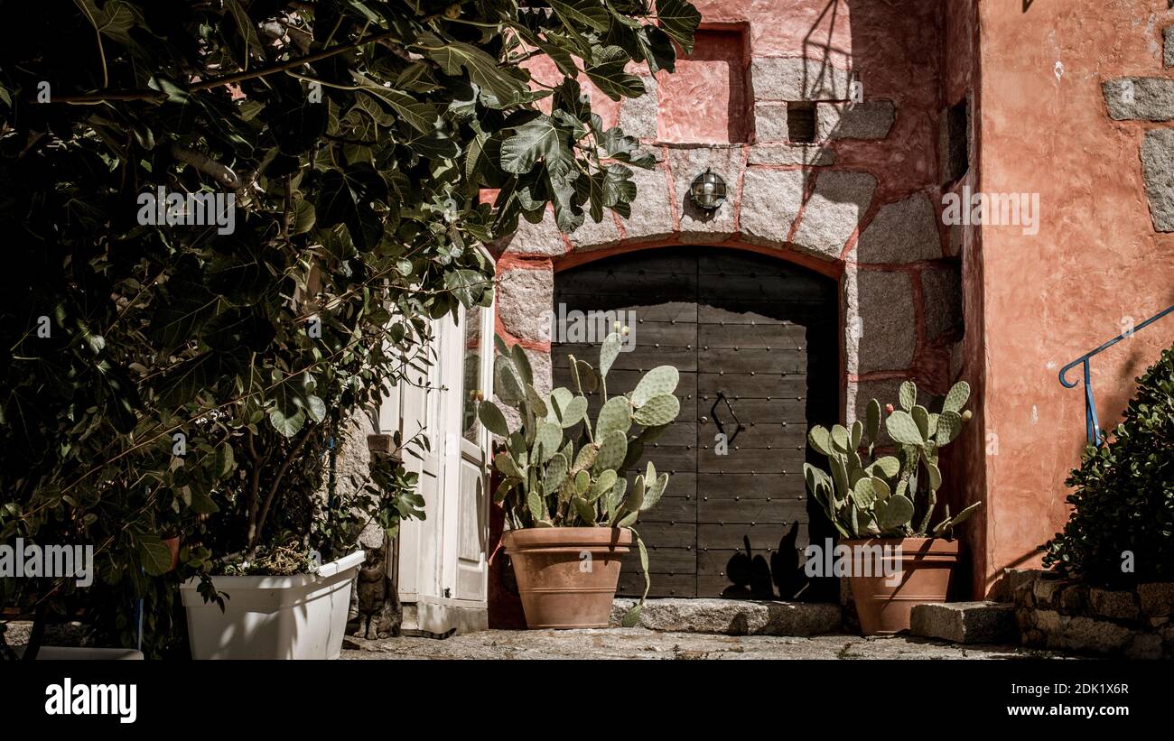 Hauseingang von Wohnhaus en Porto Cervo, Sardinien mit Kaktuspflanzen und Eingangstor Foto de stock