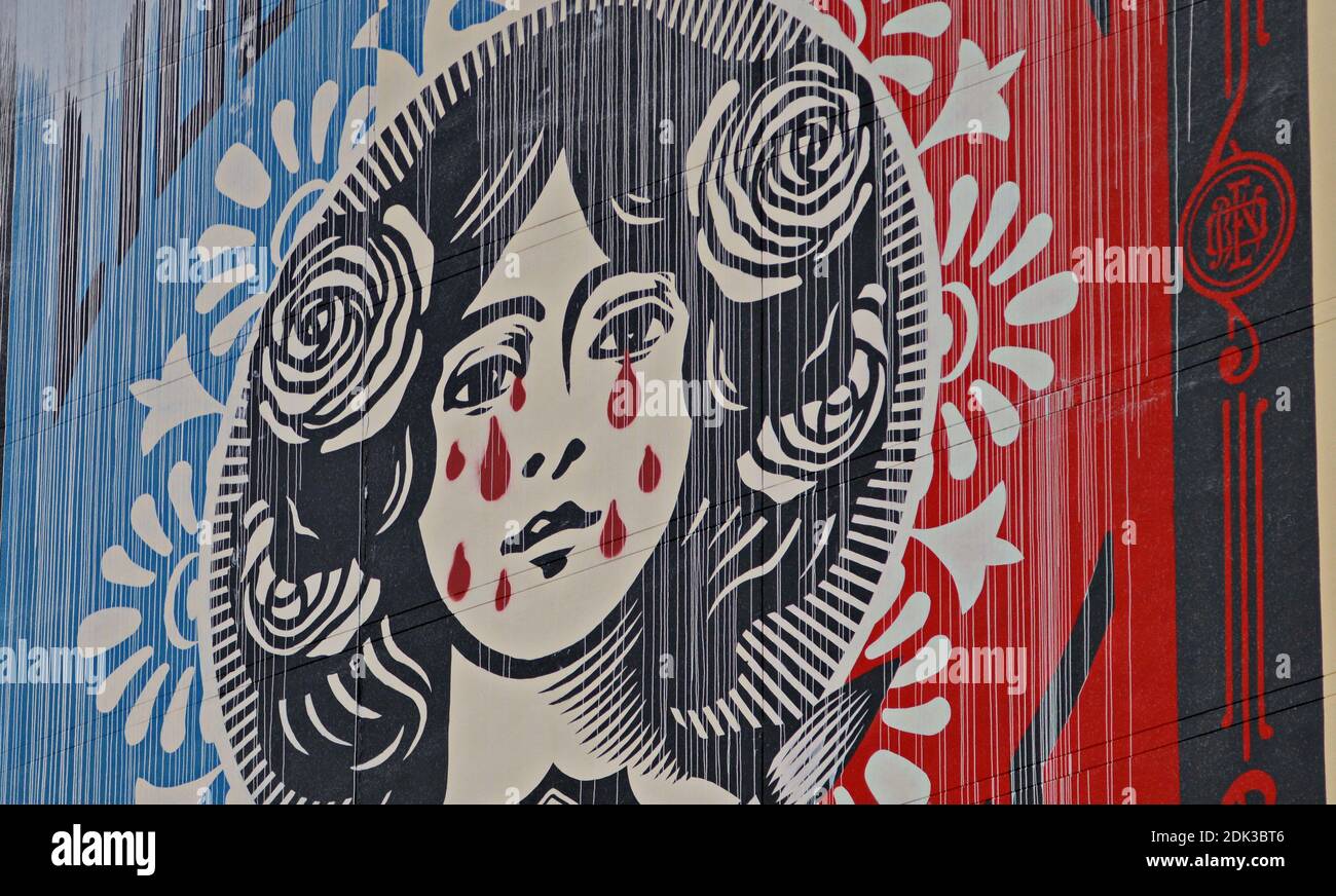 Una imagen de 10 metros de altura de Marianne, que comenzó como un regalo a la ciudad por Shepard ‘obedecer’ Fairey, ha sido modificada por un grupo de artistas anónimos, que agregó lágrimas en la cara del símbolo nacional francés. Fairey, entre cuyos trabajos más famosos se encuentra el icónico cartel de la ‘esperanza’ realizado para la campaña de Barack Obama en 2008, produjo a Marianne en conmemoración de las víctimas de los ataques terroristas de 2015 en París. Un mural gigante de la imagen fue pintado en el distrito 13 de París al año siguiente. El domingo por la noche, alguien agregó lágrimas rojas en la cara de Marianne, al parecer respondiendo a un llamado para protestar contra el polic Foto de stock