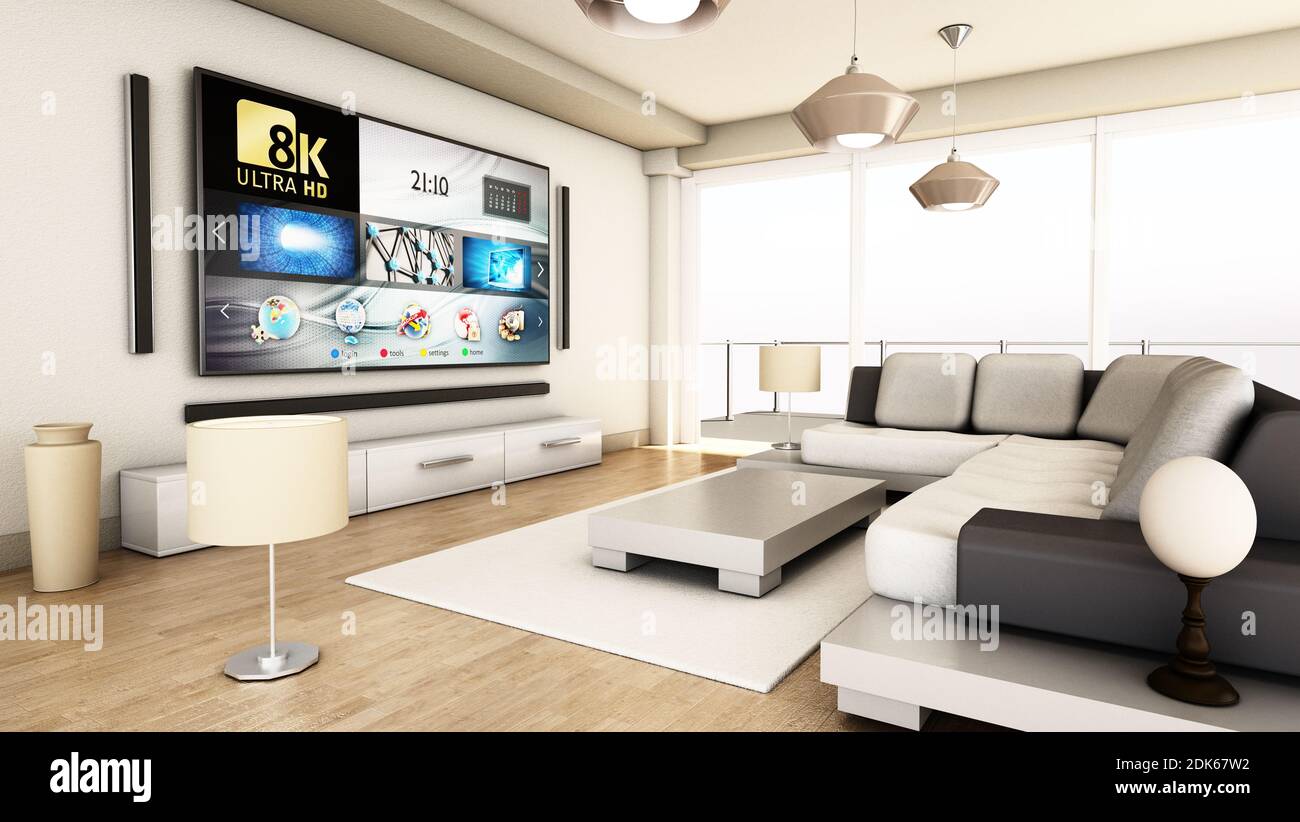 Mueble tv en salón moderno con sillón, lámpara, mesa, flor y planta en muro  de hormigón