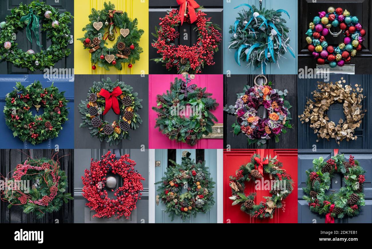 Londres, Reino Unido. 15 de diciembre de 2020. Navidad puerta corona  collage. Las guirnaldas navideñas festivas cuelgan en las muchas puertas  coloridas de las casas de Belgravia. Crédito: Guy Corbishley/Alamy Live News