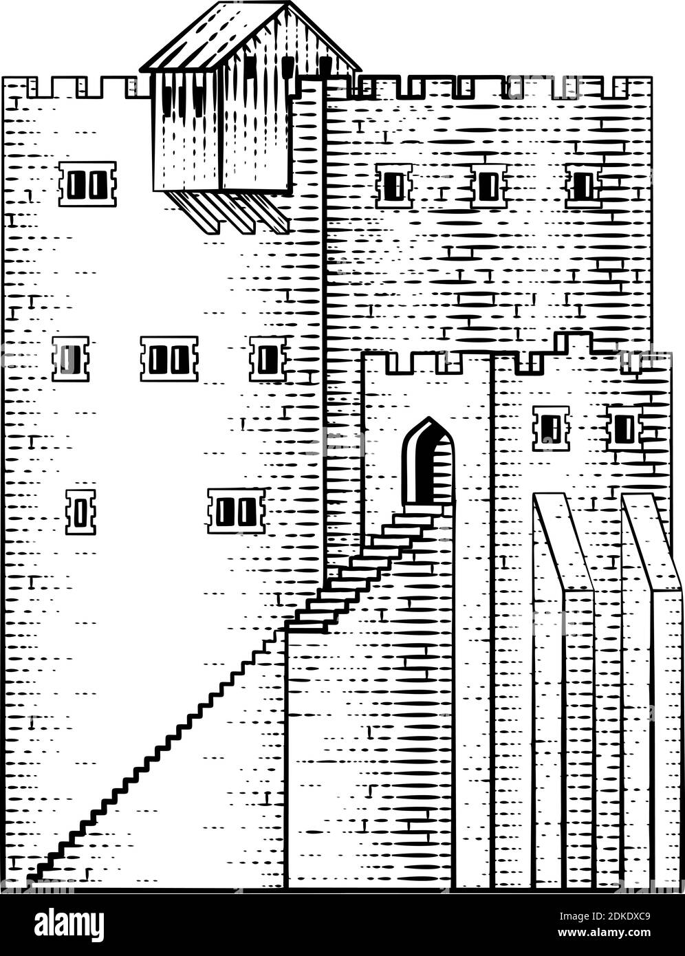 Castillo Antiguo edificio medieval estilo Woodcut Vintage Ilustración del Vector