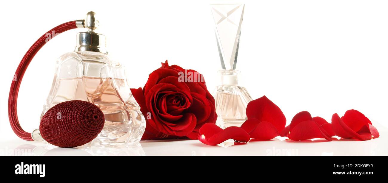 Botella de Perfume Vieja presente con pétalos de rosa Panorama aislado en Fondo blanco Foto de stock