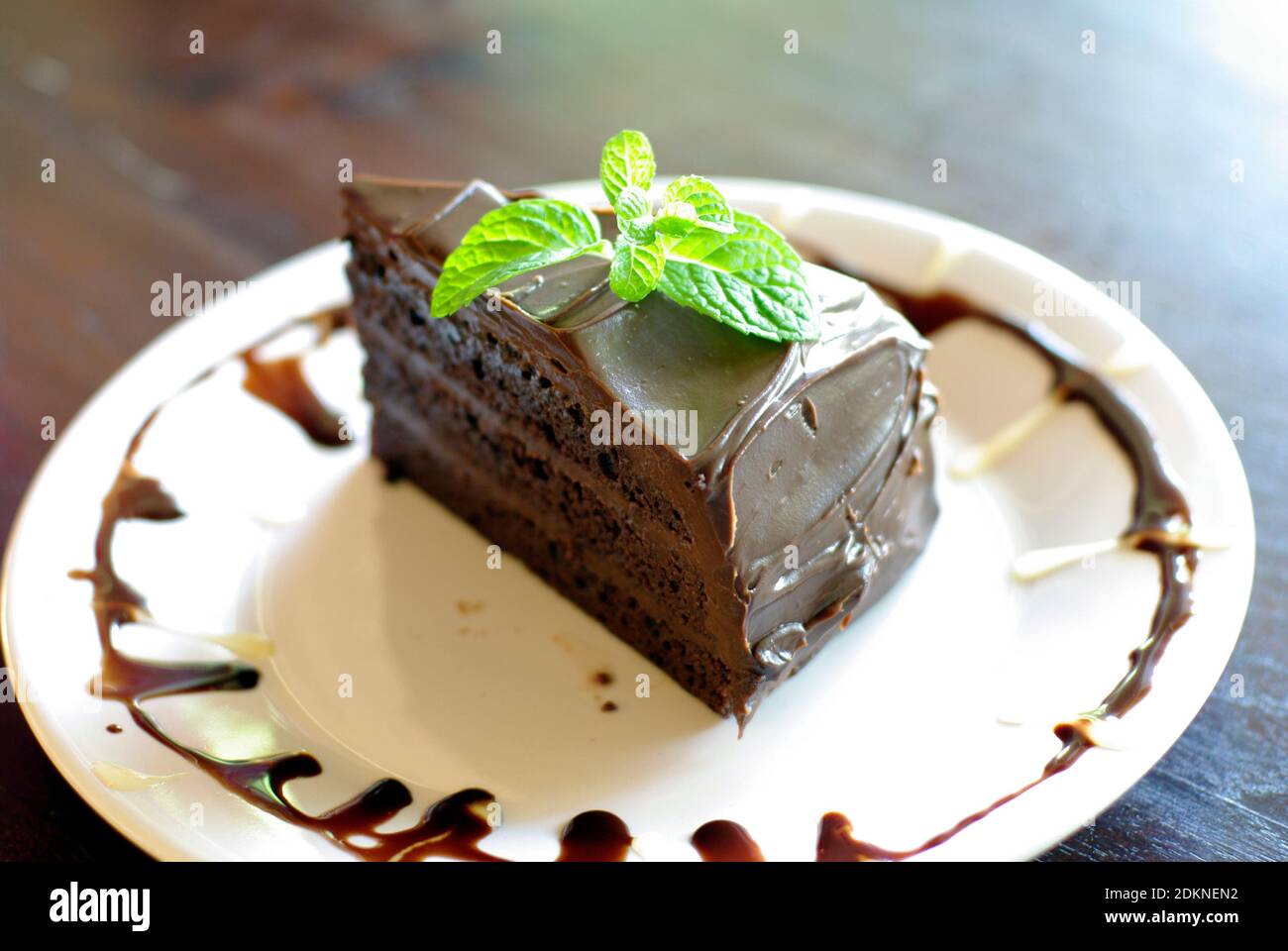 Rodaja de Fudge de pastel de chocolate con hojas de menta en la parte  superior Fotografía de stock - Alamy