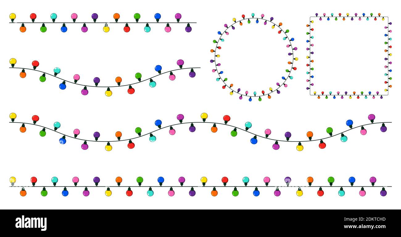 Juego de cuerdas de luces de Navidad. Colección de guirnalda con bombilla de colores. Grupo de borde y marco de divisor de línea de xmas (círculo y cuadrado). Dibujos animados Ilustración del Vector