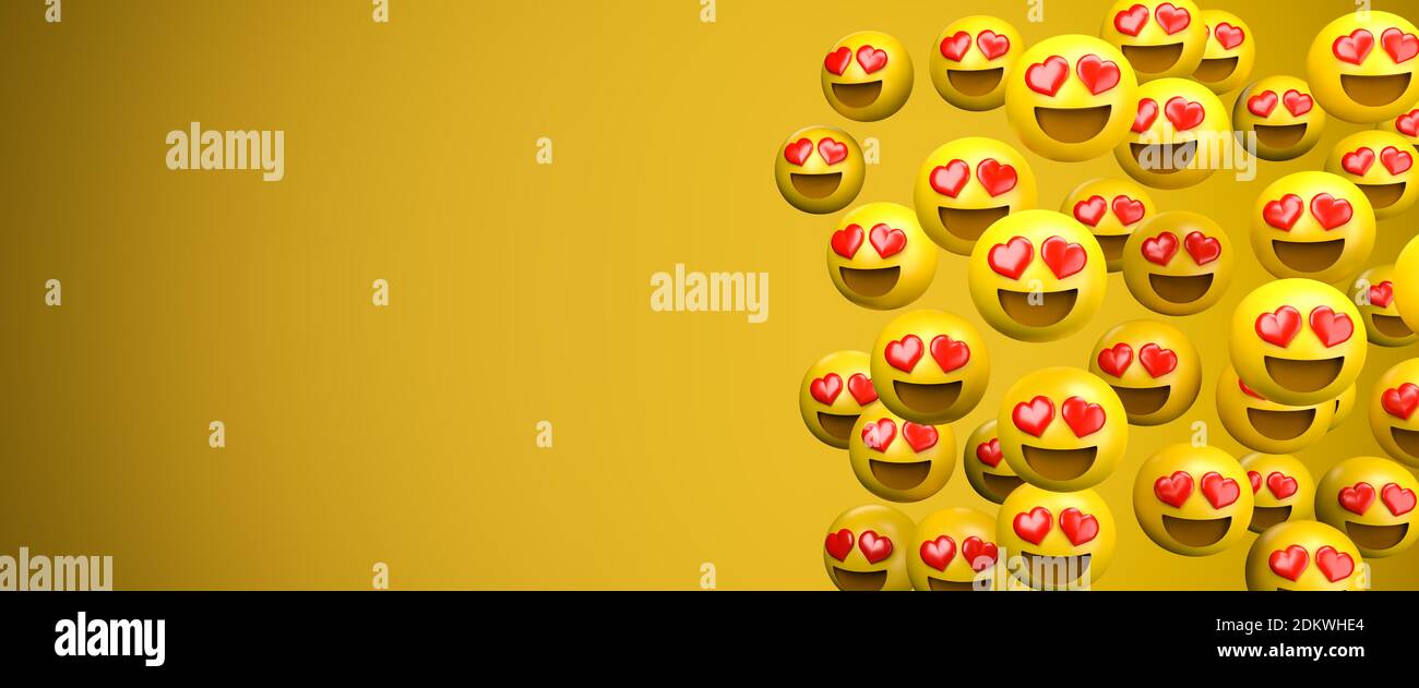 presentación 3d de un gran grupo de emoji emoticonos con corazones rojos como ojos. Ojos del corazón - cara del corazón. Concepto de amor. Espacio de copia: Tamaño de banner web. Foto de stock