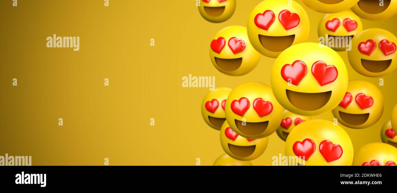 presentación 3d de un gran grupo de emoji emoticonos con corazones rojos como ojos. Ojos del corazón - cara del corazón. Concepto de amor. Espacio de copia: Tamaño de banner web. Foto de stock