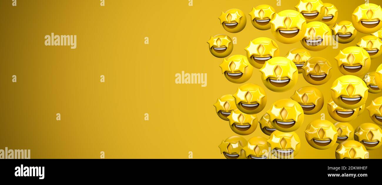 presentación 3d de un gran grupo de emoji emoticonos con estrellas como ojos. Estrellada. Concepto de amor. Espacio de copia: Tamaño de banner web. Foto de stock