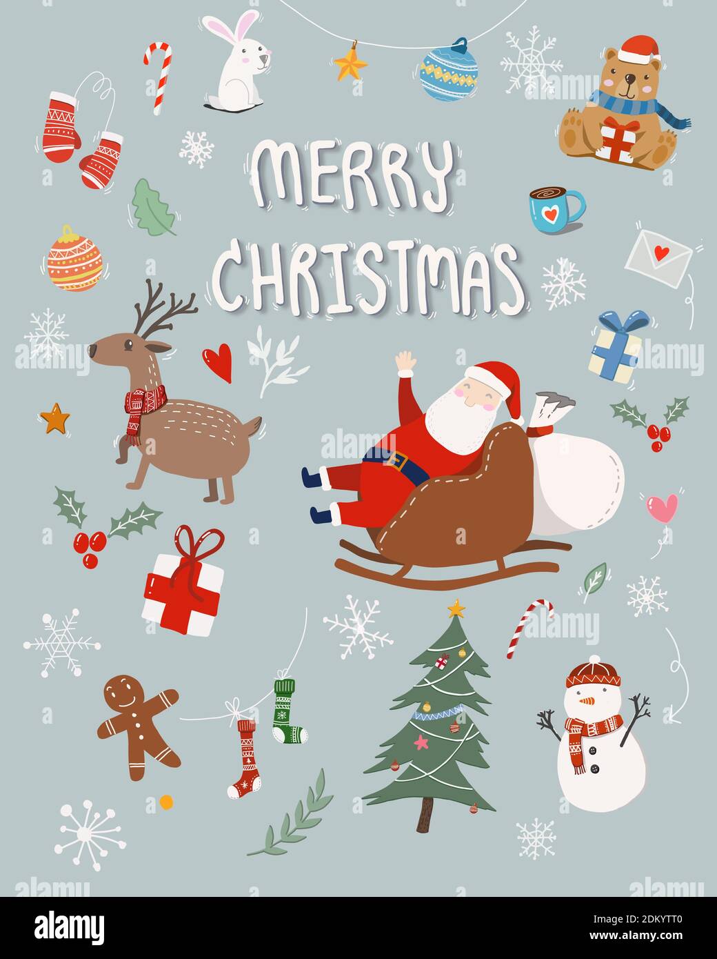 Lindo dibujo a mano de dibujos animados conjunto de feliz Navidad tarjeta de felicitación con adorno de Navidad decorativo aislado sobre fondo azul. Ilustración de Navidad para Foto de stock