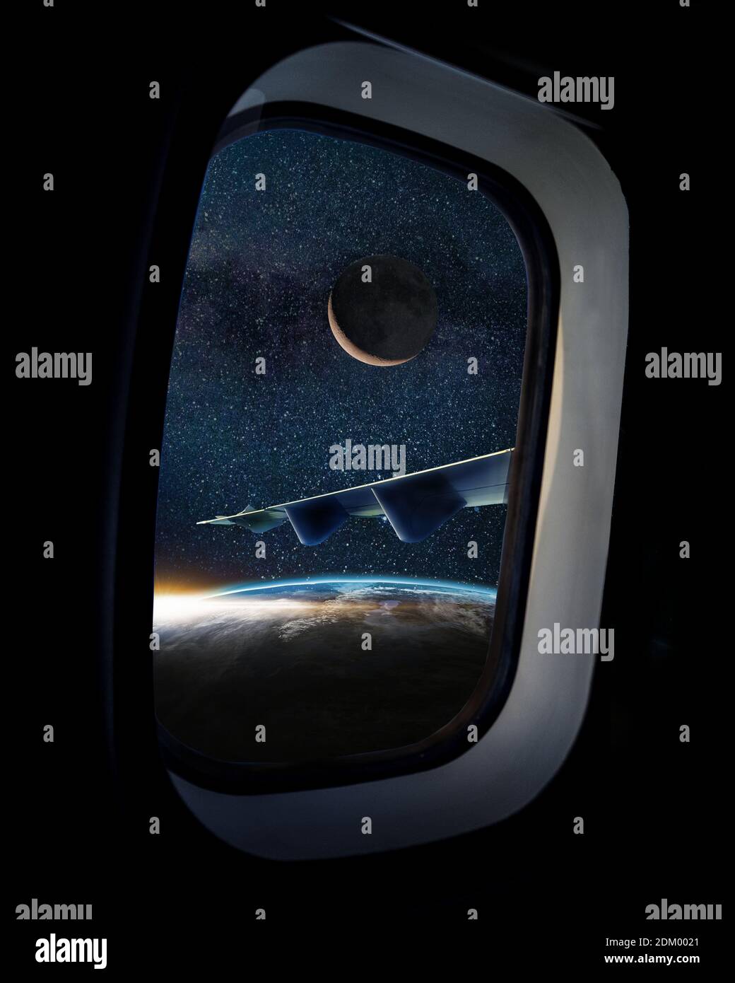 Sobre la tierra en la órbita desde la ventana del plano | Composición de imágenes Foto de stock