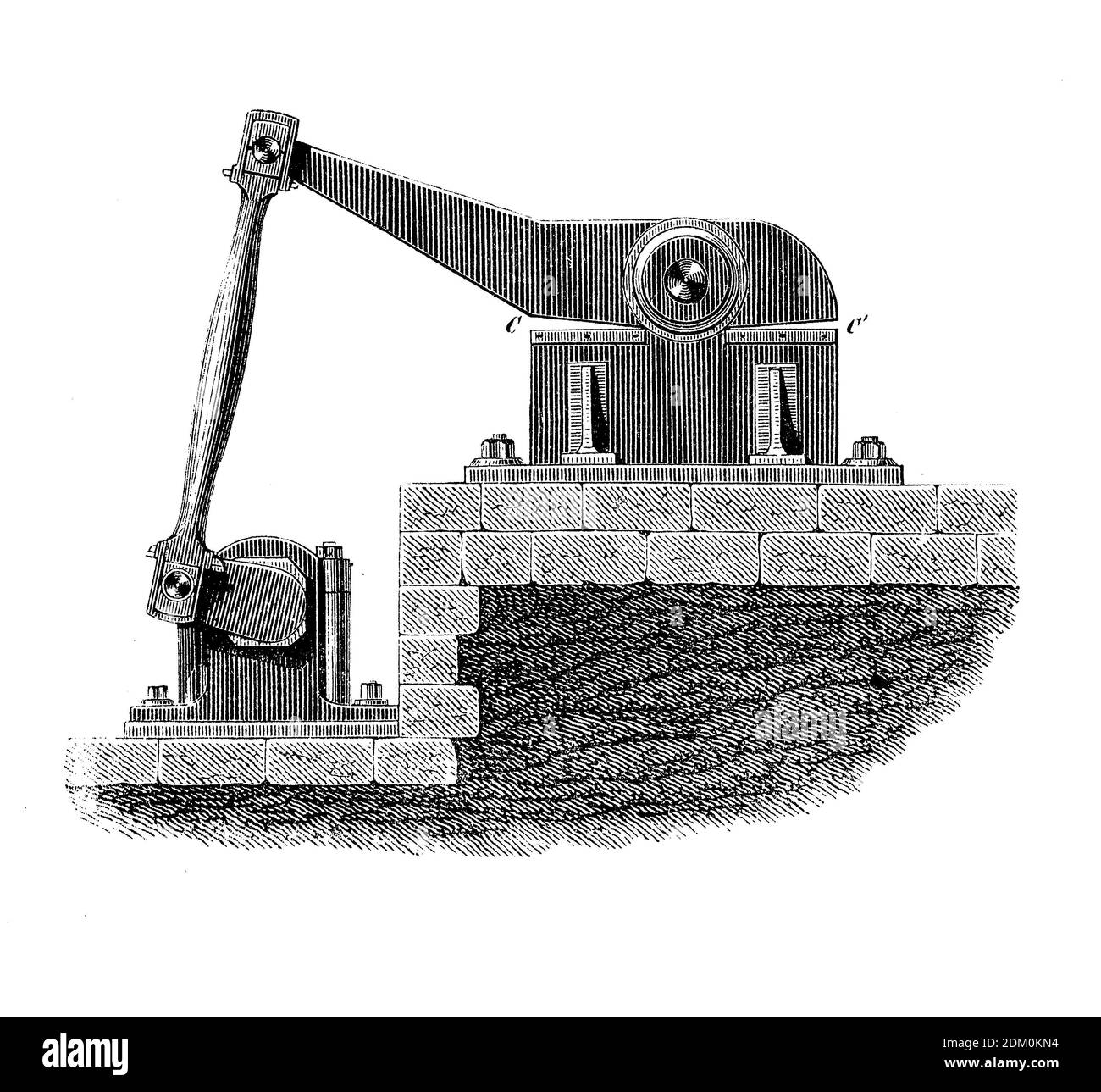 Máquinas industriales: Cizalla de cocodrilo o cizalla de palanca, cizalla de corte de metal con una mandíbula articulada impulsada hidráulicamente, grabado del siglo 19 Foto de stock
