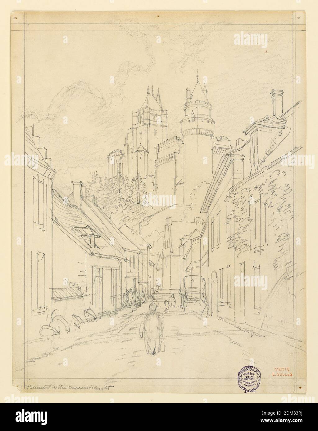 Una calle en una ciudad, Eugène Edouard Soulès, francés, 1811–1876, grafito sobre papel, que conduce al fondo al pie de una colina, sobre la que se encuentra un castillo medieval. Enmarcar líneas, Francia, 1811–1876, dibujo Foto de stock