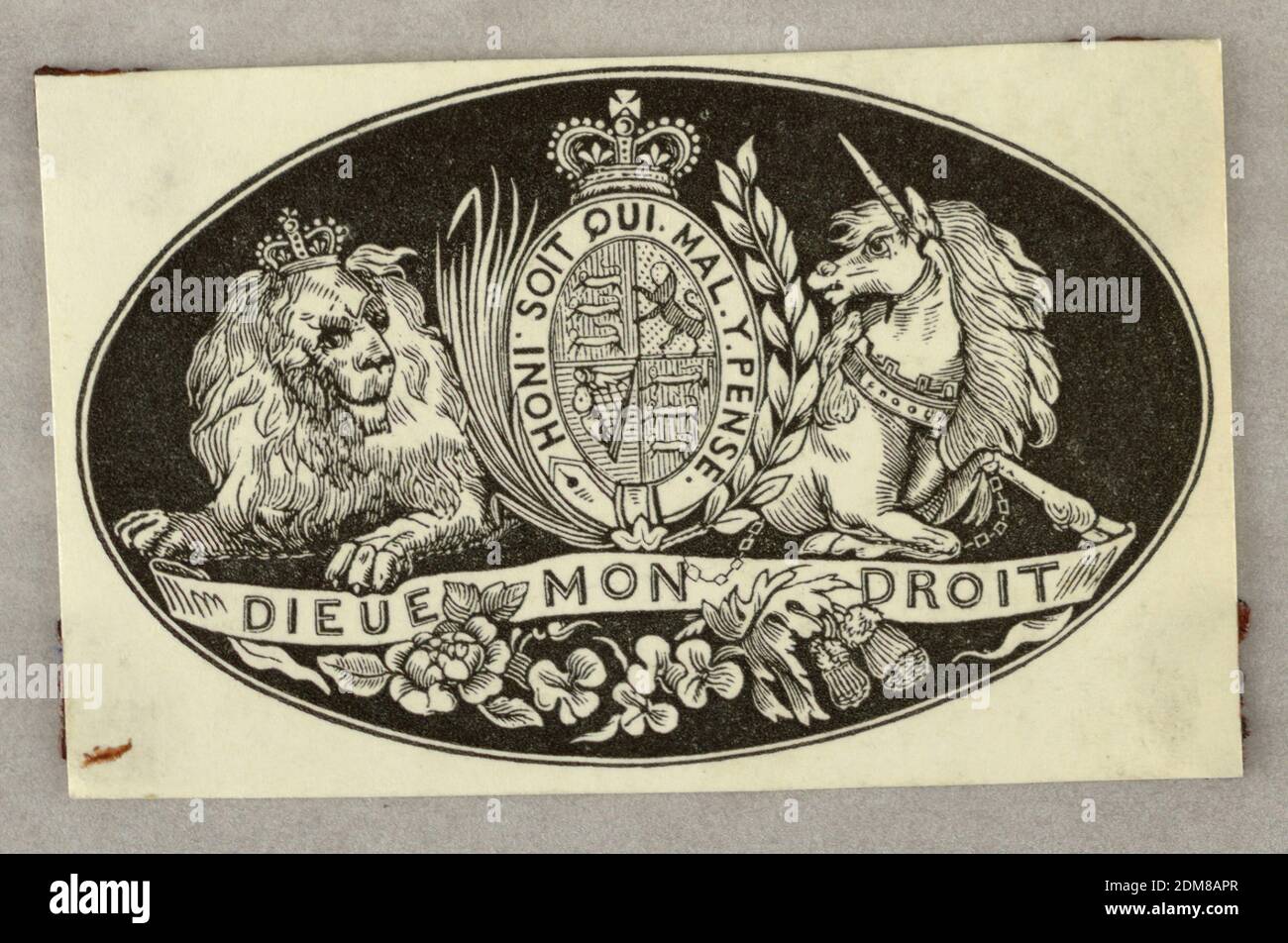 El Escudo de armas Inglés Real, grabado de madera sobre papel, mostrado