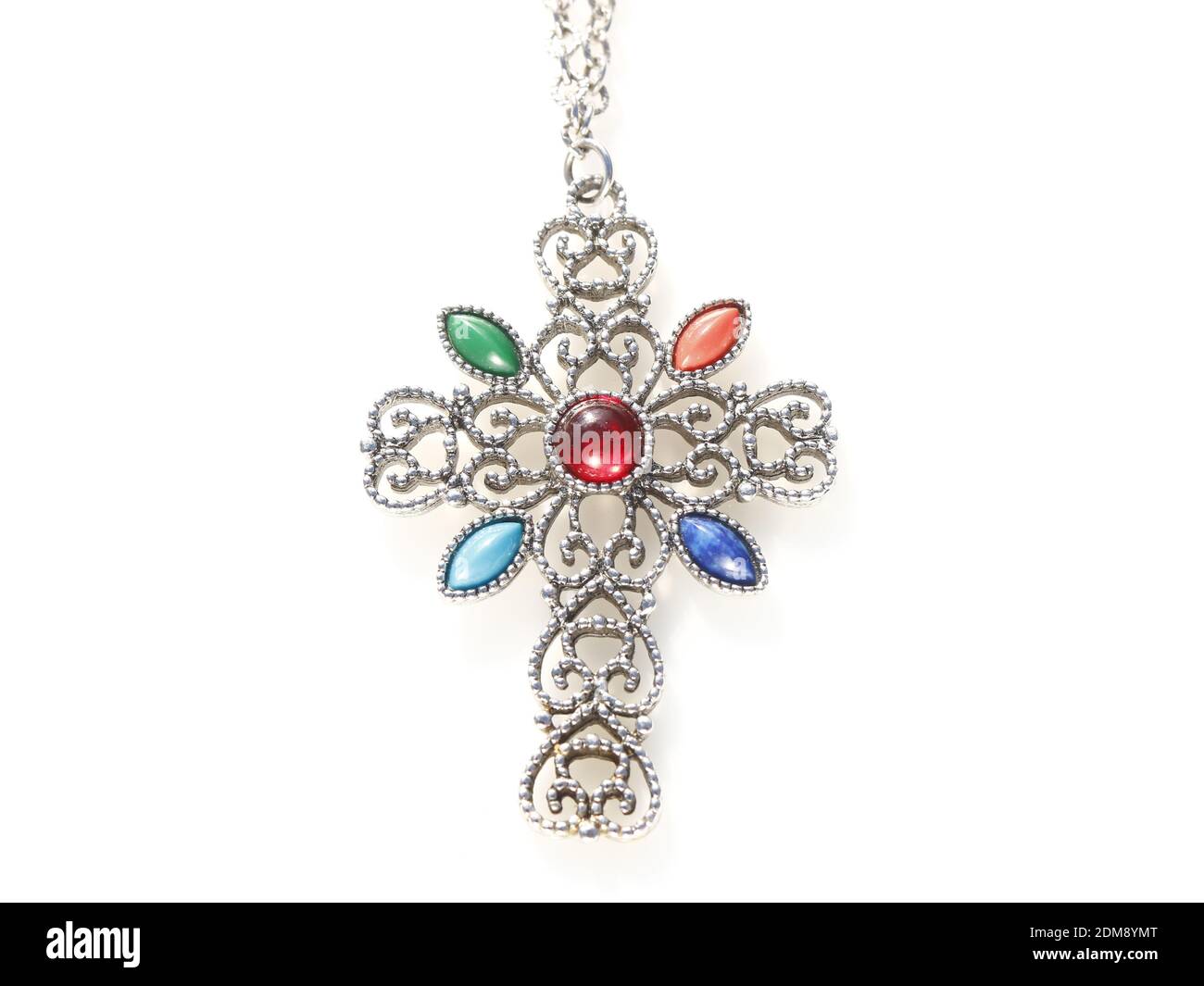 Plata tono filigrana cruz con colorido rhinestones colgante collar vintage joyas moda accesorio Foto de stock