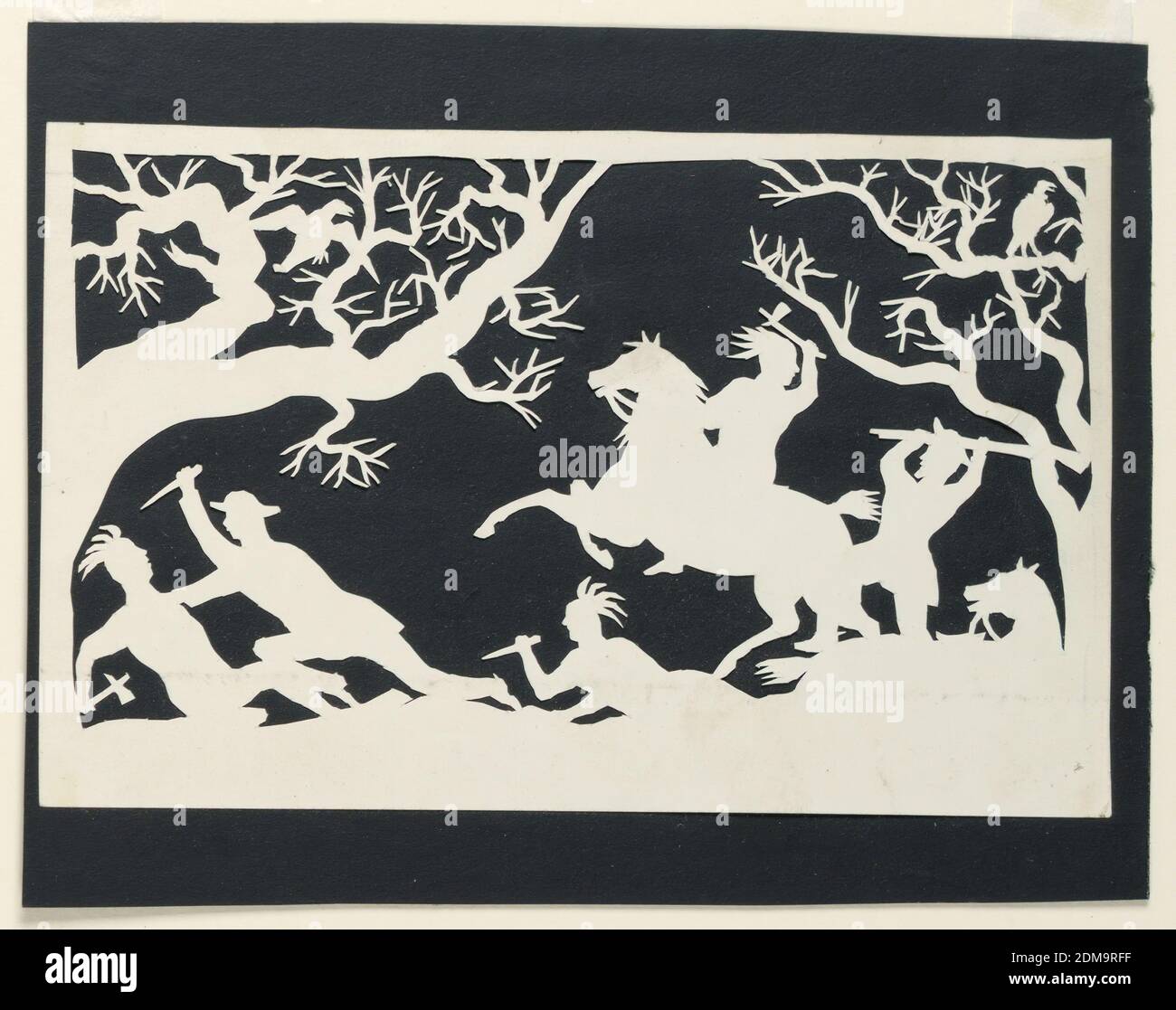 Hombres blancos masacrando a los indios, Silhouette de papel blanco, cortado, sobre el soporte de papel negro, hombres blancos masacrando a los indios., Inglaterra, 1850–1875, Silhouette, Silhouette Foto de stock