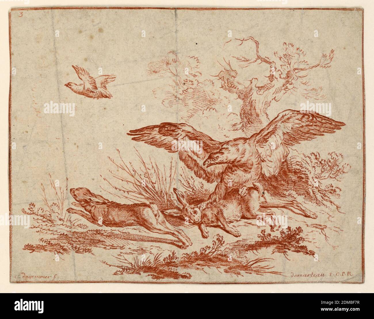 Buitre matando a una liebre, Gilles Demarteau, belga, activo en Francia,  1722 – 1776, Charles Dagommer, francés, activo 1762–1768, grabado de estilo  Crayón en tinta roja sobre el papel, una cultura aterriza