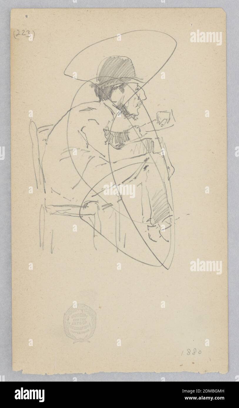 Hombre, Robert Frederick Blum, norteamericano, 1857–1903, grafito sobre papel de la paloma, esbozo de una figura masculina con un sombrero tachado con líneas circulares., EE.UU., 1880, figuras, dibujo Foto de stock
