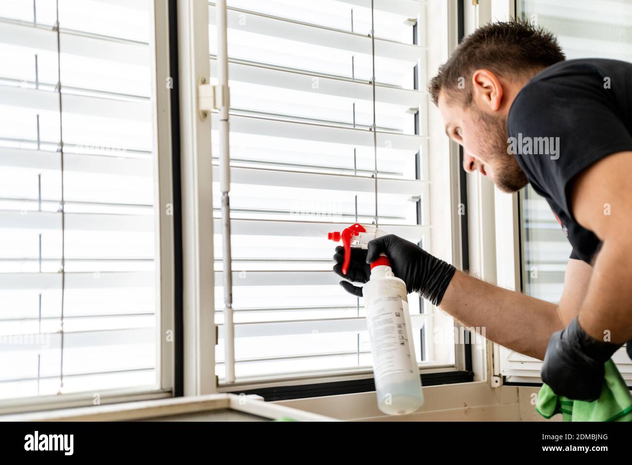 Un primer plano de un profesional de limpieza persianas de ventanas en un  apartamento con un paño verde de microfibra Fotografía de stock - Alamy