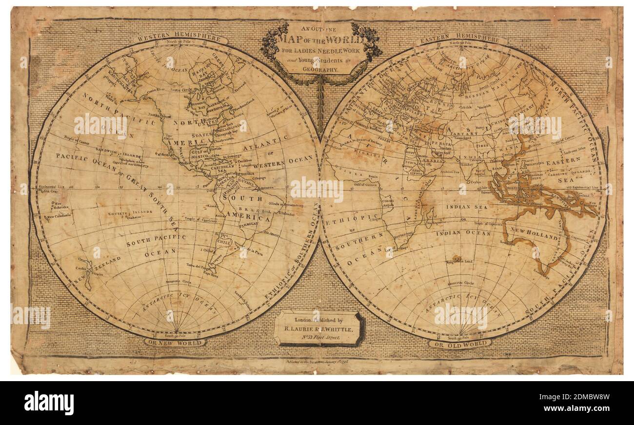 An Outline Map of the World for Ladies Needlework and Young Students of Geography, Medium: silk 